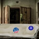 Democrat voter lying on gurney next to mortician inside morgue.