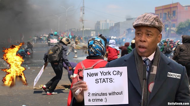 NYC Mayor Eric Adams holding up sign as crimes are committed behind him.