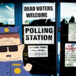 Officer Barbrady from South Park standing in front of voting place.