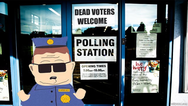 Officer Barbrady from South Park standing in front of voting place.