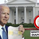 Joe Biden holding a white Depends diaper in front of the White House.