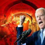 Joe Biden giving speech in front of background of Hell.