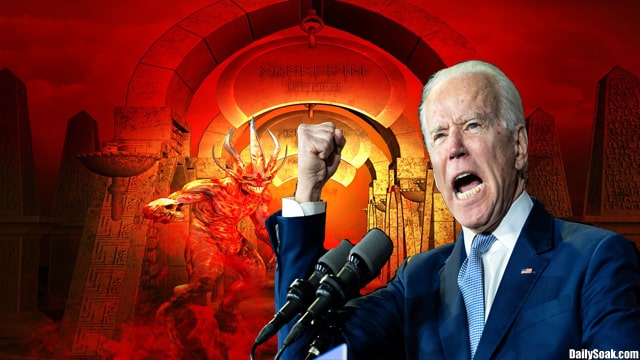 Joe Biden giving speech in front of background of Hell.