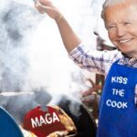 Joe Biden cooking food on BBQ grill.