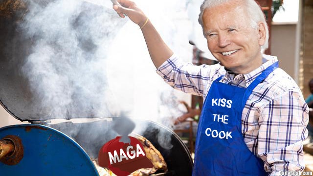 Joe Biden cooking food on BBQ grill.