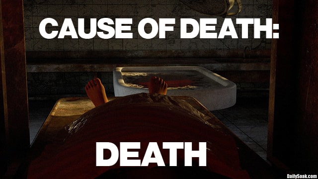 Study showing dead man lying on gurney inside morgue.