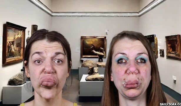 Two female climate activists protesting climate change inside museum.