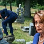 Democrats Joe Biden, Nancy Pelosi, and Stacey Abrams sitting inside a cemetery.