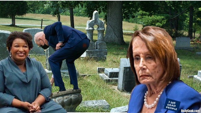 Democrats Joe Biden, Nancy Pelosi, and Stacey Abrams sitting inside a cemetery.