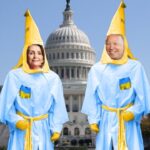 Democrats wearing blue and yellow Klu Klux Klan outfits.