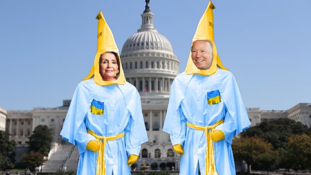 Democrats wearing blue and yellow Klu Klux Klan outfits.