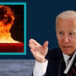 Joe Biden in front of a background of nuclear Armageddon.