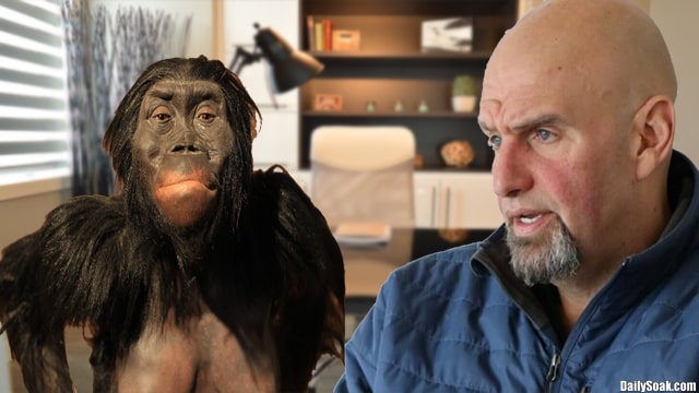 John Fetterman with a caveman getting speaking lessons.