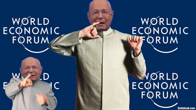 Parody of Austin Powers with Klaus Schwab playing Dr. Evil and Mini-Me.