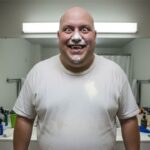 Obese white man with cocaine powder on his gray shirt.