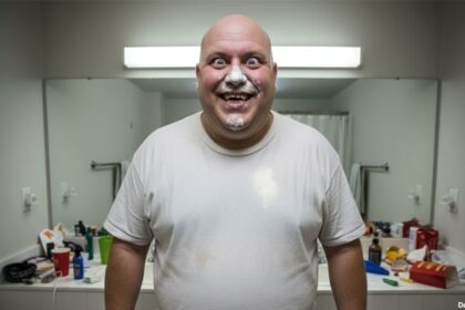 Obese white man with cocaine powder on his gray shirt.
