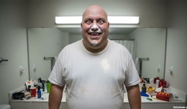 Obese white man with cocaine powder on his gray shirt.