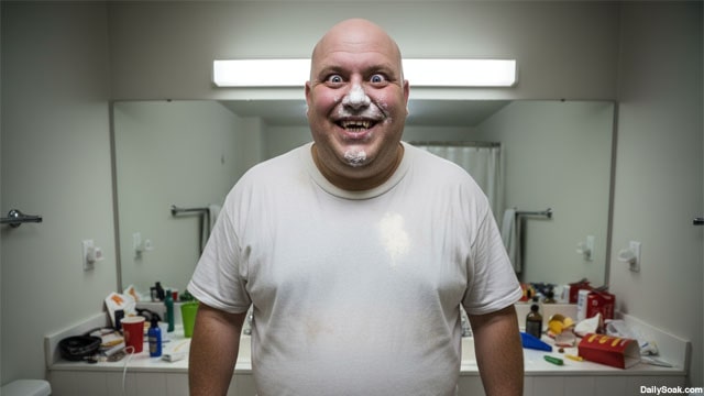 Obese white man with cocaine powder on his gray shirt.
