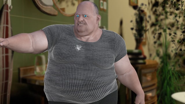 Obese white man with cocaine powder on his gray shirt.