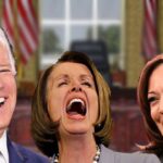 Democrats Joe Biden, Kamala Harris, and Nancy Pelosi laughing inside White House.
