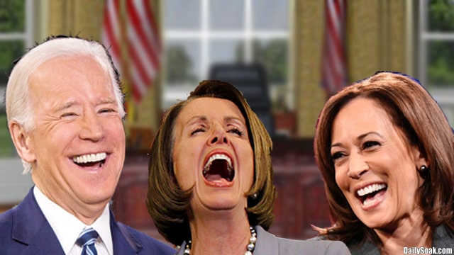 Democrats Joe Biden, Kamala Harris, and Nancy Pelosi laughing inside White House.