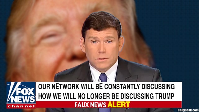 Fox News host Bret Baier with a picture of President Donald Trump behind him.