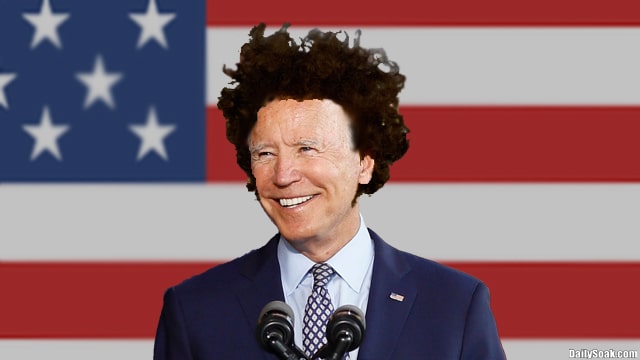 Joe Biden wearing FTX head Sam Bankman-Fried wig.