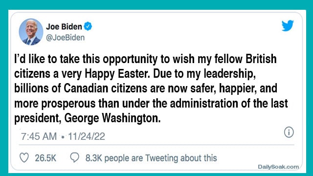 Parody Joe Biden Thanksgiving Twitter tweet wishing everyone Happy Easter.