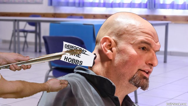 Election parody with Arizona Katie Hobbs votes being pulled out of John Fetterman's neck.