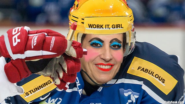 NHL hockey players wearing makeup on ice to support trans community.