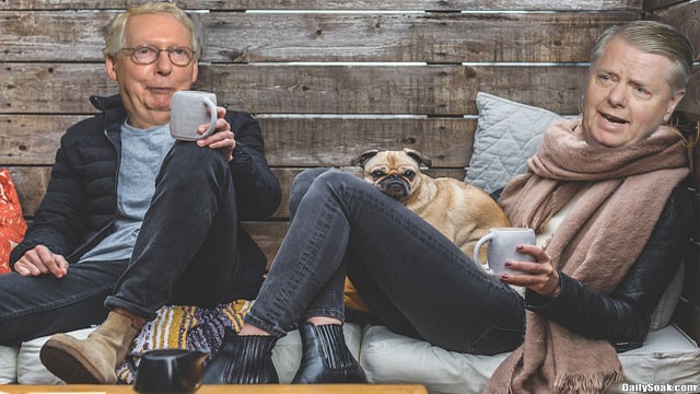 RINO Republicans Lindsey Graham and Mitch McConnell relaxing drinking coffee.