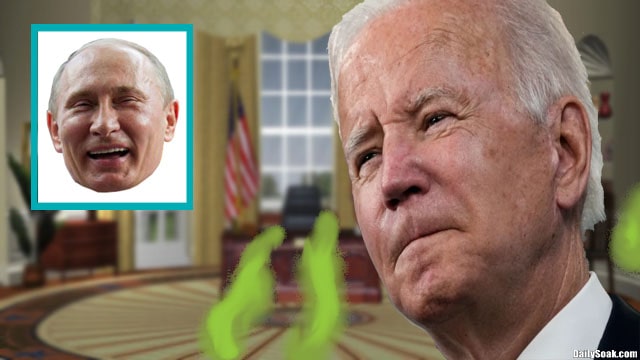 Joe Biden pooping himself inside Oval Office as Vladimir Putin laughs.