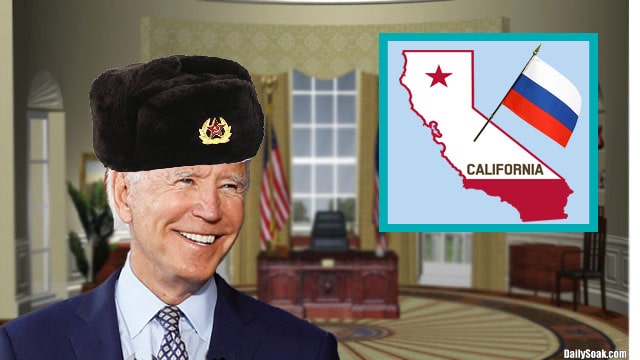 Joe Biden wearing black Russian ushanka hat inside White House.