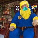 Parody Christmas Santa Claus wearing blue and yellow outfit.
