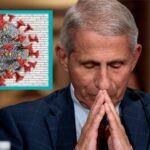 Dr. Fauci staring down at desk with inset of a COVID virus.