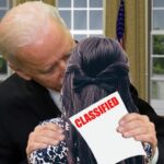 Joe Biden holding a classified document while groping a young woman.