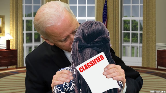 Joe Biden holding a classified document while groping a young woman.