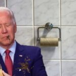 Joe Biden licking an ice cream cone inside White House Oval Office bathroom.