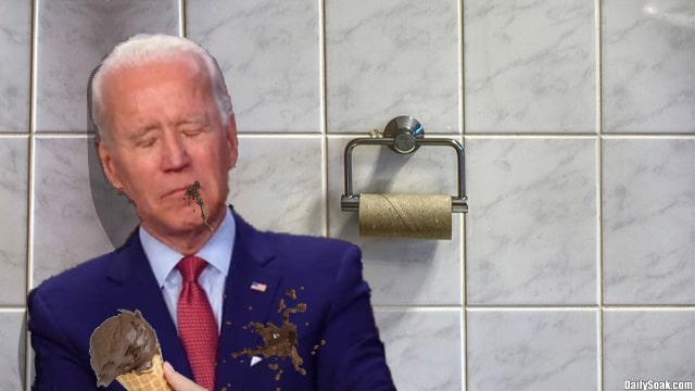 Joe Biden licking an ice cream cone inside White House Oval Office bathroom.