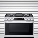 Stainless steel gas stove positioned in front of a police mugshot background.