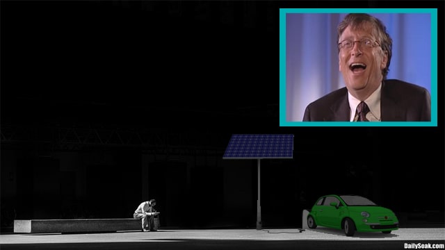 Bill Gates standing next to solar panel while a man waits for his car to charge.