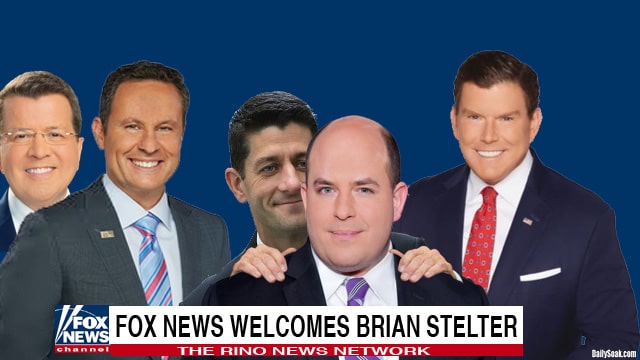 Fox News hosts Neil Cavuto, Brian Kilmeade, and Bret Baire watching Paul Ryan hug CNN's Brian Stelter.