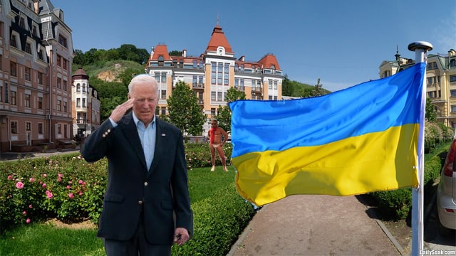 Joe Biden saluting a flag of Ukraine while standing in East Palestine, Ohio.
