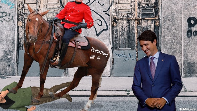 Justin Trudeau watching a Canada Mountie police officer trample on horse trampling protester.