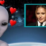 Gray space aliens in outer space next to image of singer Madonna.