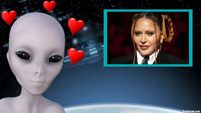 Gray space aliens in outer space next to image of singer Madonna.