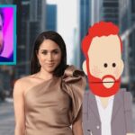 Meghan Markle standing next to South Park cartoon Prince Harry in city street.