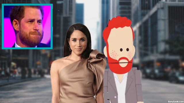Meghan Markle standing next to South Park cartoon Prince Harry in city street.