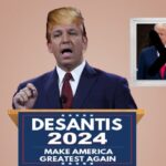 Ron DeSantis wearing a Donald Trump blonde wig while giving speech behind podium.