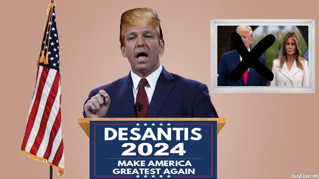 Ron DeSantis wearing a Donald Trump blonde wig while giving speech behind podium.
